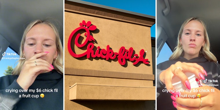 young woman in car with caption 'crying over my $6 chick fil a fruit cup' (l&r) chick-fil-a sign (c)