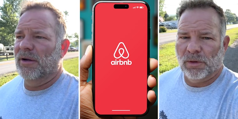 Man talking(l+r), Hand holding phone with airbnb app open(c)