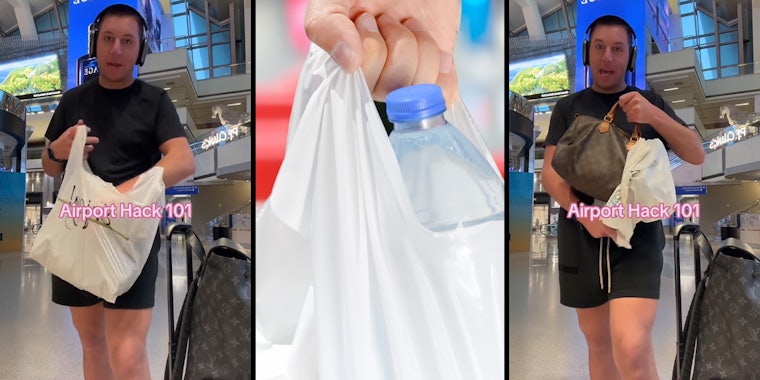 man with bags in airport with caption 'Airport Hack 101' (l) man with bag in hand (c) man with bags in airport with caption 'Airport Hack 101' (r)