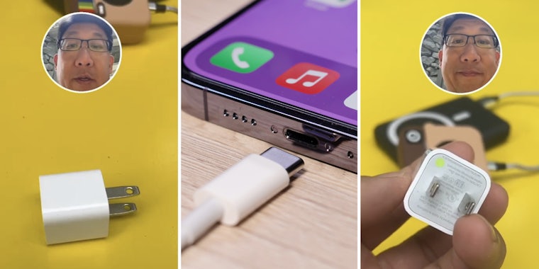 Man talking over charging block(l+r), Phone with charging wire(c)