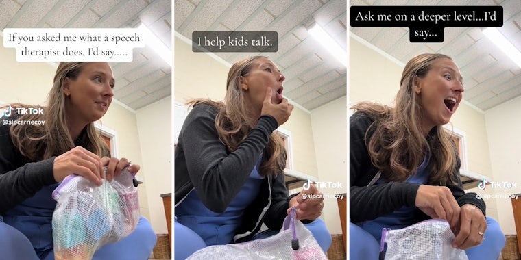 woman with bag of items with caption 'if you asked me what a speech therapist does, I'd say.....' (l) 'I help kids talk.' (c) 'Ask me on a deeper level...I'd say...' (r)