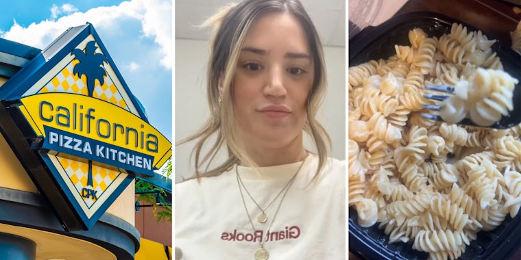 California Pizza Kitchen sign(l), Woman talking(c), Mac and Cheese(r)