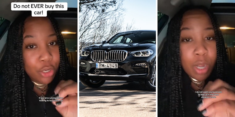 woman speaking in car with caption ' Do not EVER buy this car! if you are a young person looking to buy a new car' (l) BMW (c ) woman speaking in car with caption 'I do not want young people to end up in the same situation I have' (r)
