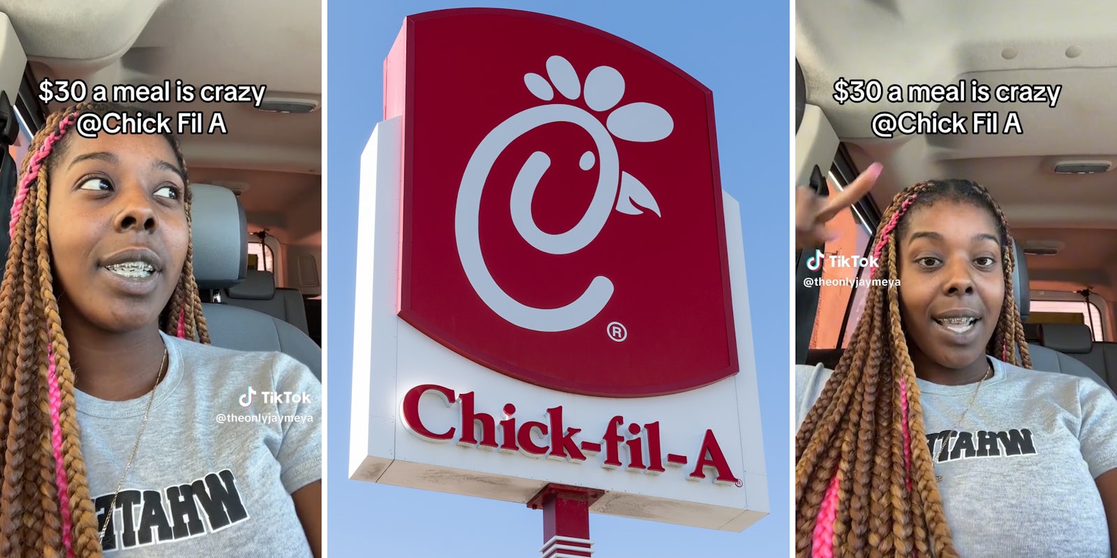 young woman in car with caption '$30 a meal is crazy @Chick Fil A' (l&r) Chick-fil-A sign (c)