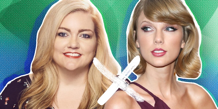 Colleen Hoover and Taylor Swift over abstract background