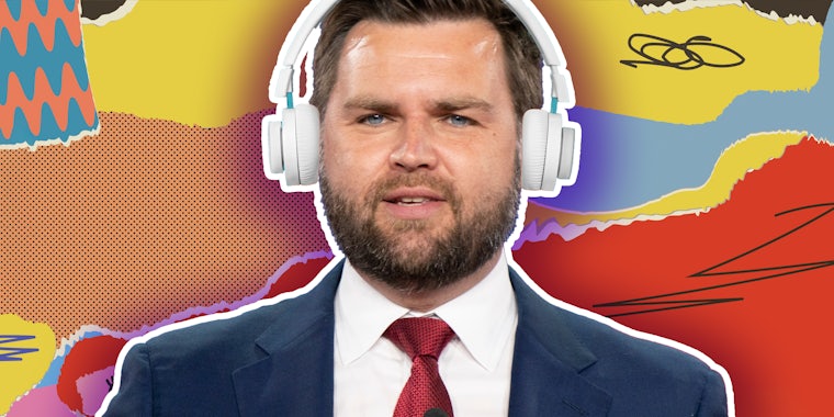 J.D. Vance with headphones and abstract background