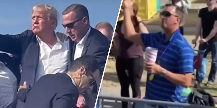 Secret Service with Donald Trump on stage(l), Man dancing(r)