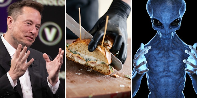 Elon Musk, Person wearing black gloves cutting sandwich. Blue alien with black eyes holding up hands
