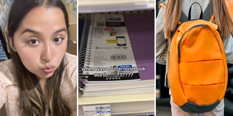 Woman(l), Five star notebook(c), Kid with backpack(r)