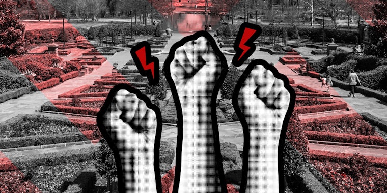 hands in protest over Fort Worth Garden