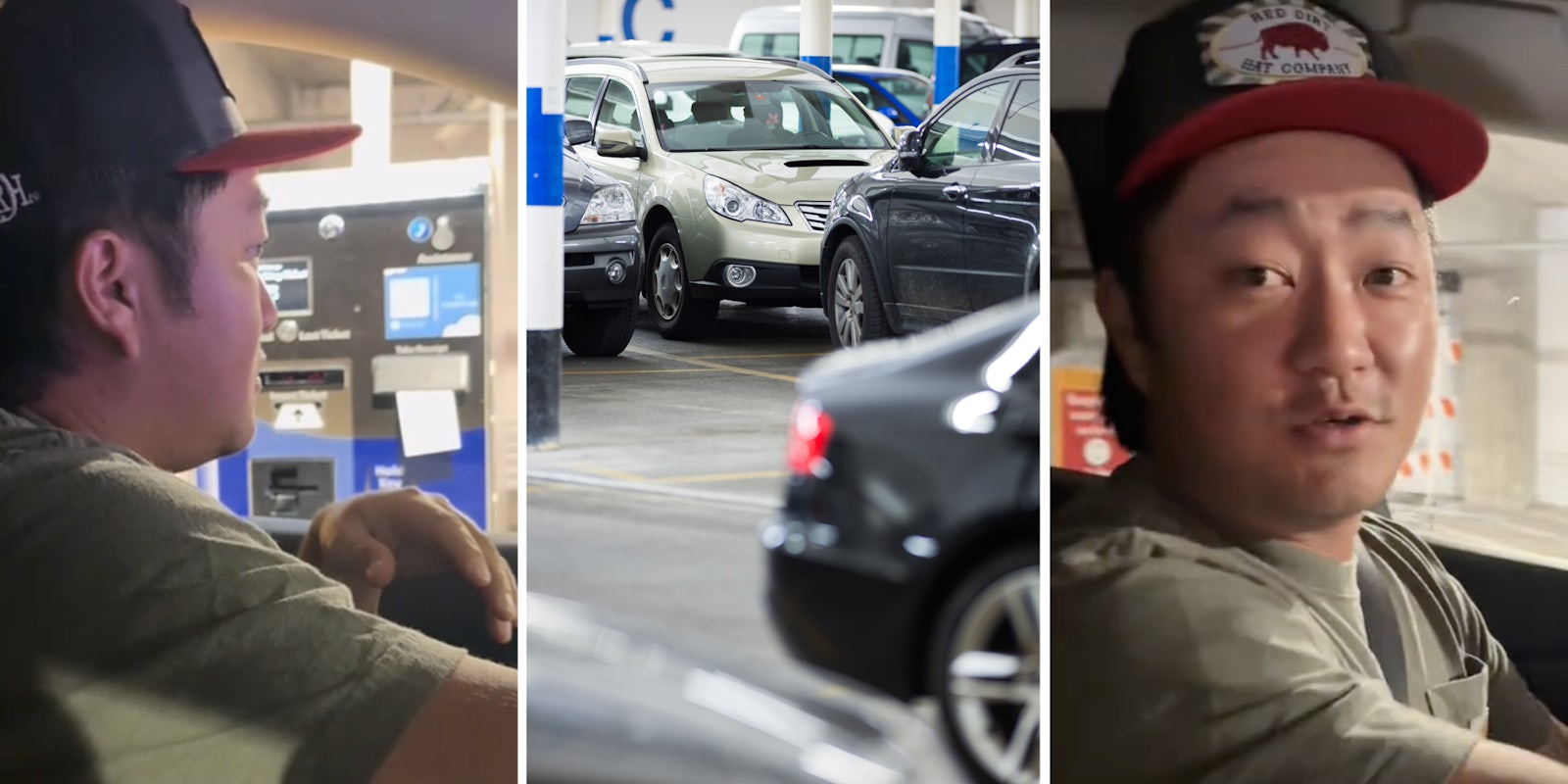 Man at pay booth(l), Parking garage(c), Man talking(r)