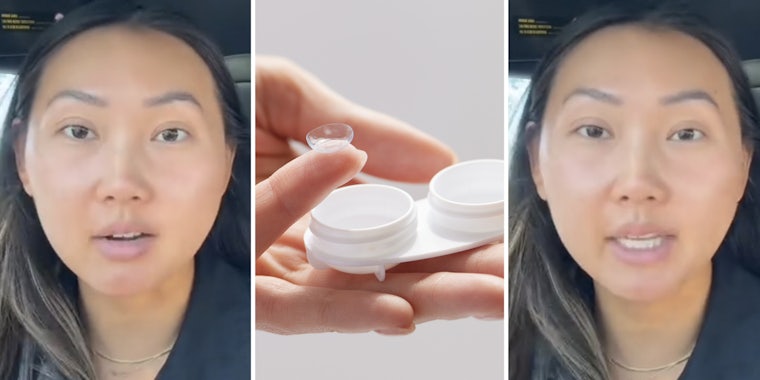 Woman talking(l+r), Hand holding contacts and case(c)