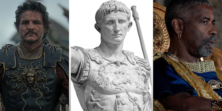 Pedro Pascal in Gladiator II(l), Statue of Augustus Caesar(c), Denzel Washington in Gladiator II(r)