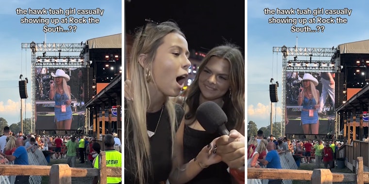 Hawk Tuah girl at Rock the South with caption 'the hawk tuah girl casually showing up at Rock the South' (l) woman speaking (c) woman at Rock the South with caption 'the hawk tuah girl casually showing up at Rock the South' (r)