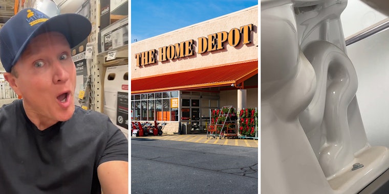 man in Home Depot (l) Home Depot (c) toilet (r)