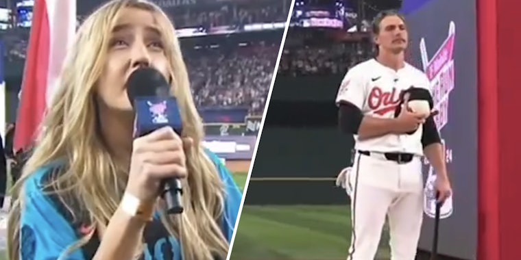Ingrid Andres singer(l), Baseball player with hand over heart(r)