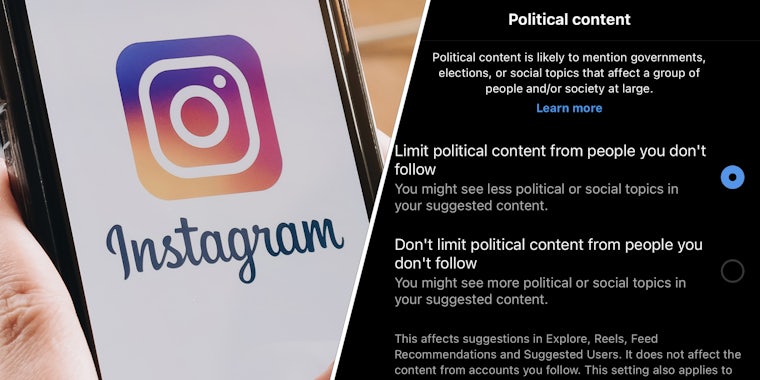 Hand holding phone with instagram app(l), Meta text(r)