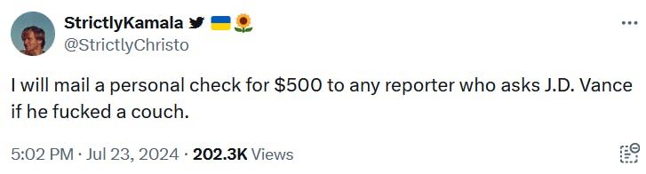 JD Vance couch meme tweet reading 'I will mail a personal check for $500 to any reporter who asks J.D. Vance if he fucked a couch.'