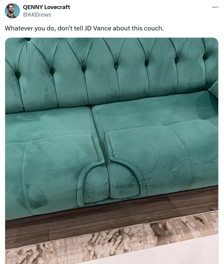 JD Vance couch meme with a photo of a curvy sofa.