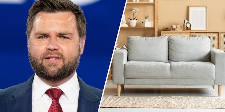 JD Vance(l), Couch in living room(r)