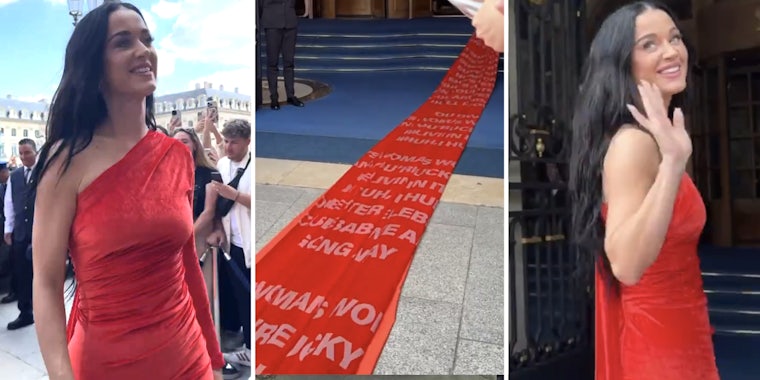 Katy Perry in red dress(l+r), Red train(c)
