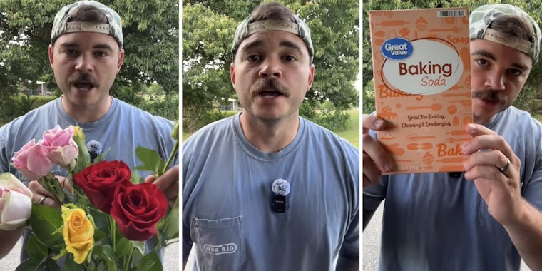 Man holding flowers(l), Man talking(c), Man holding baking soda(r)