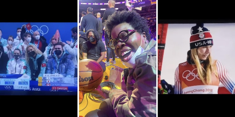 group of olympic figure skaters (l) leslie jones, who is a woman holding a basketball (m) olympic skier (r)