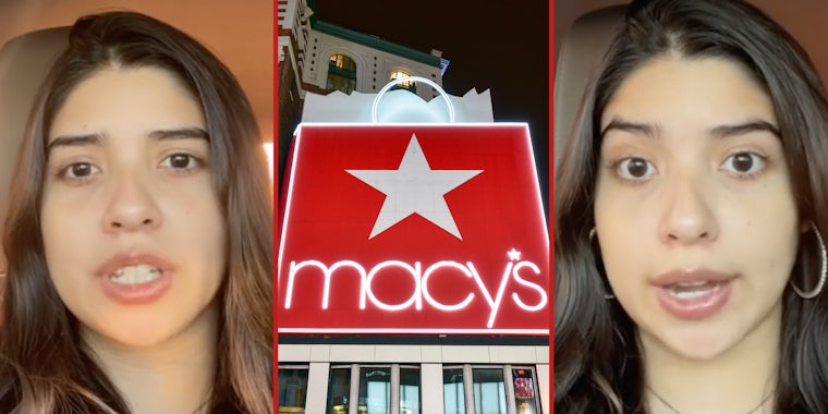 Woman talking(l+r), Macy's storefront(c)