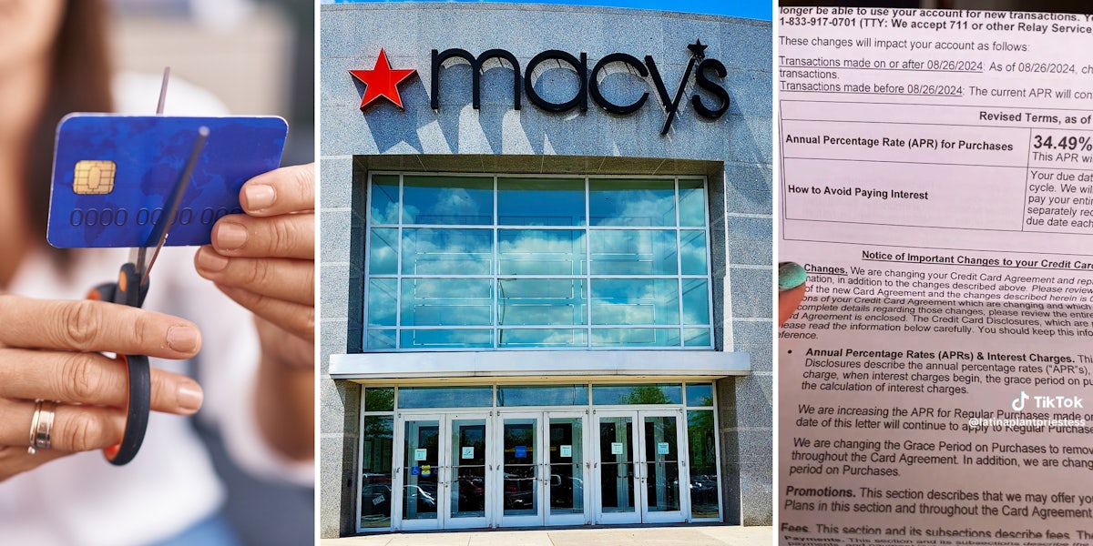 woman cutting credit card (l) Macy's storefront (c) letter changing APR to 34.49% (r)