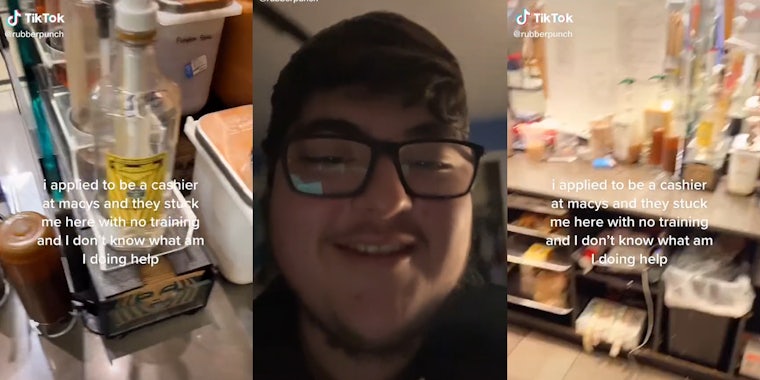starbucks branding on cup holders with syrups and caption 'i applied to be a cashier at macys and they stuck me here with no training and i don't know what am i doing help' (l & r) young man in glasses (c)