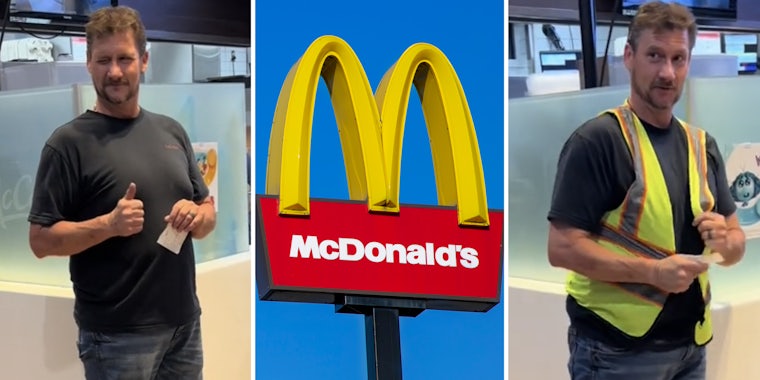 Man giving thumbs up and winking(l), McDonald's arches(c), Man in construction vest(r)