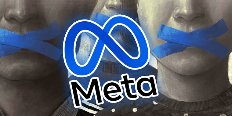 Illustration of mouths covered with tape and the meta logo floating over it