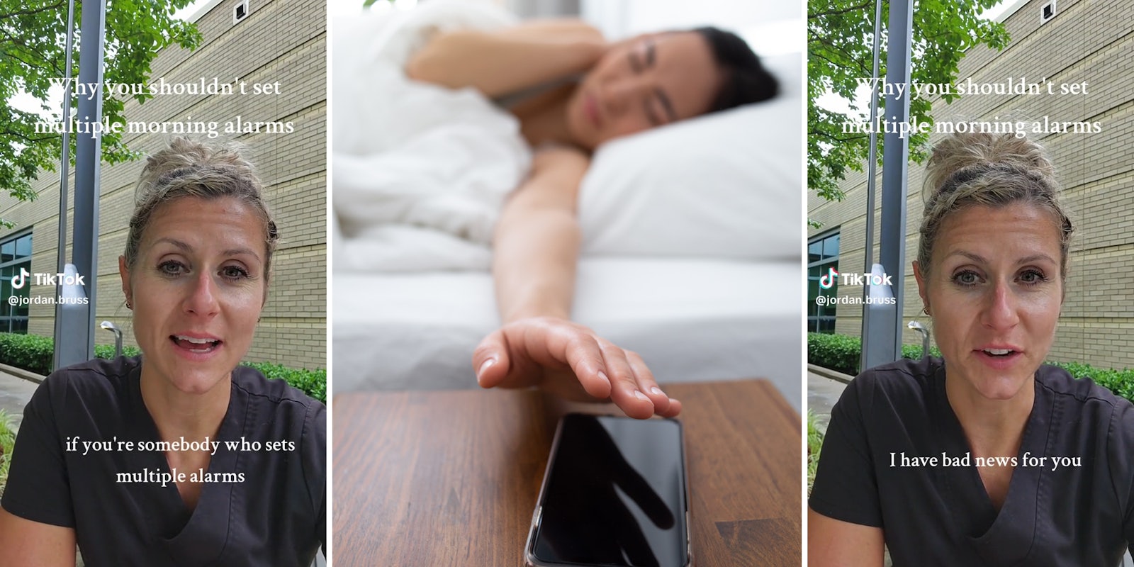 woman in scrubs with caption 'Why you shouldn't set multiple morning alarms' (l&r) woman reaching for phone from bed (c)