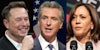 elon musk (l) gavin newsom (c) kamala harris (r)