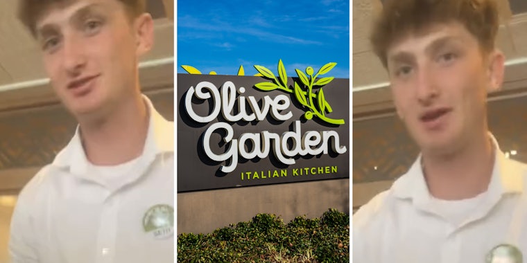 Server talking(l+r), Olive Garden sign(c)