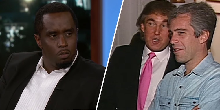 Does this photo show P. Diddy, Trump, and Epstein with young women?