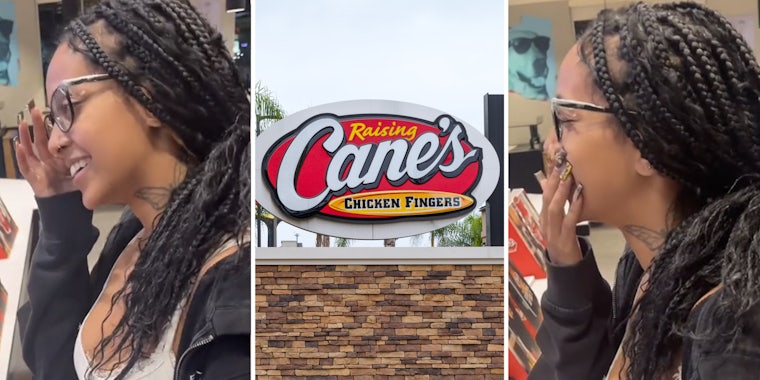 Woman laughing(l+r), Raising Cane's sign(c)