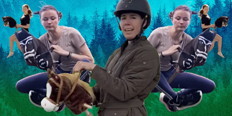 Forest background with three woman doing hobby horsing over it