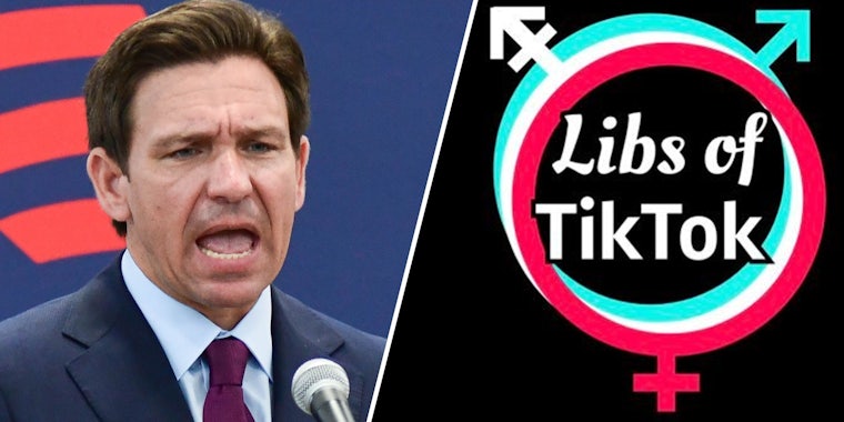 Ron Desantis(l), Libs of Tiktok logo(r)
