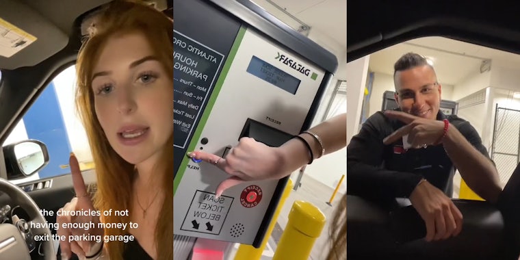 person in car speaking with caption 'the chronicles of not having enough money to exit the parking garage' (l) person pressing help button in parking garage (c) parking garage employee making peace sign with hand in car window (r)