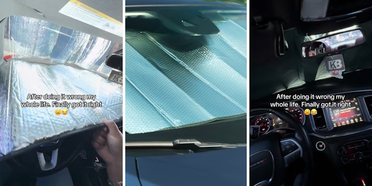 man in car with shade with caption 'After doing it wrong my whole life. Finally got it right' (l) sun shade in can (c) man in car with shade with caption 'After doing it wrong my whole life. Finally got it right' (r)