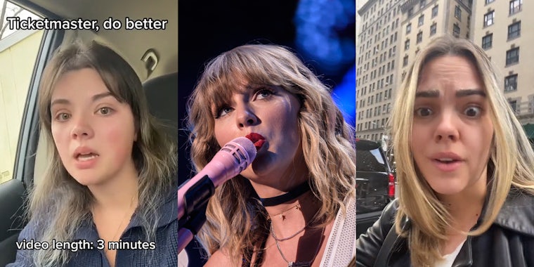 woman speaking in car caption 'Ticketmaster, do better video length: 3 minutes' (l) Taylor Swift singing (c) woman speaking outside in city (r)