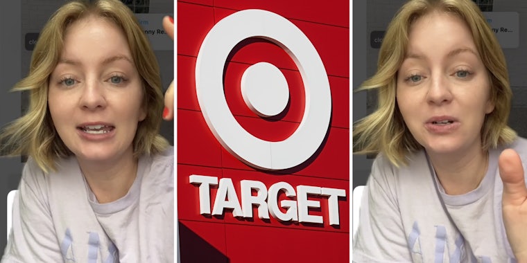 Woman talking(l+r), Target logo(c)