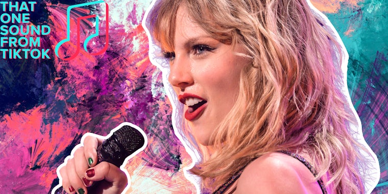 Taylor Swift singing into mic with abstract background
