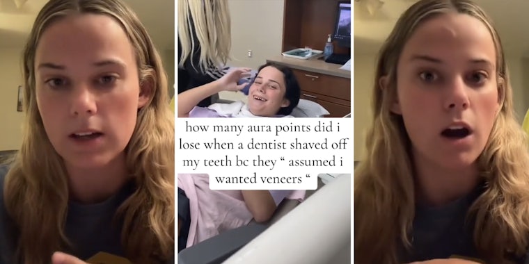 Woman talking(l+r), Woman with teeth shaved down(c)