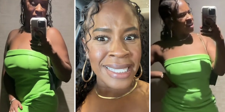 Woman in green dress(l+r), Woman talking(c), green dress girl tiktok