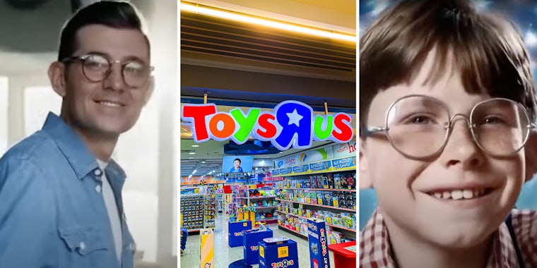 Man smiling(l), Toys R us(c), Boy smiling(r)