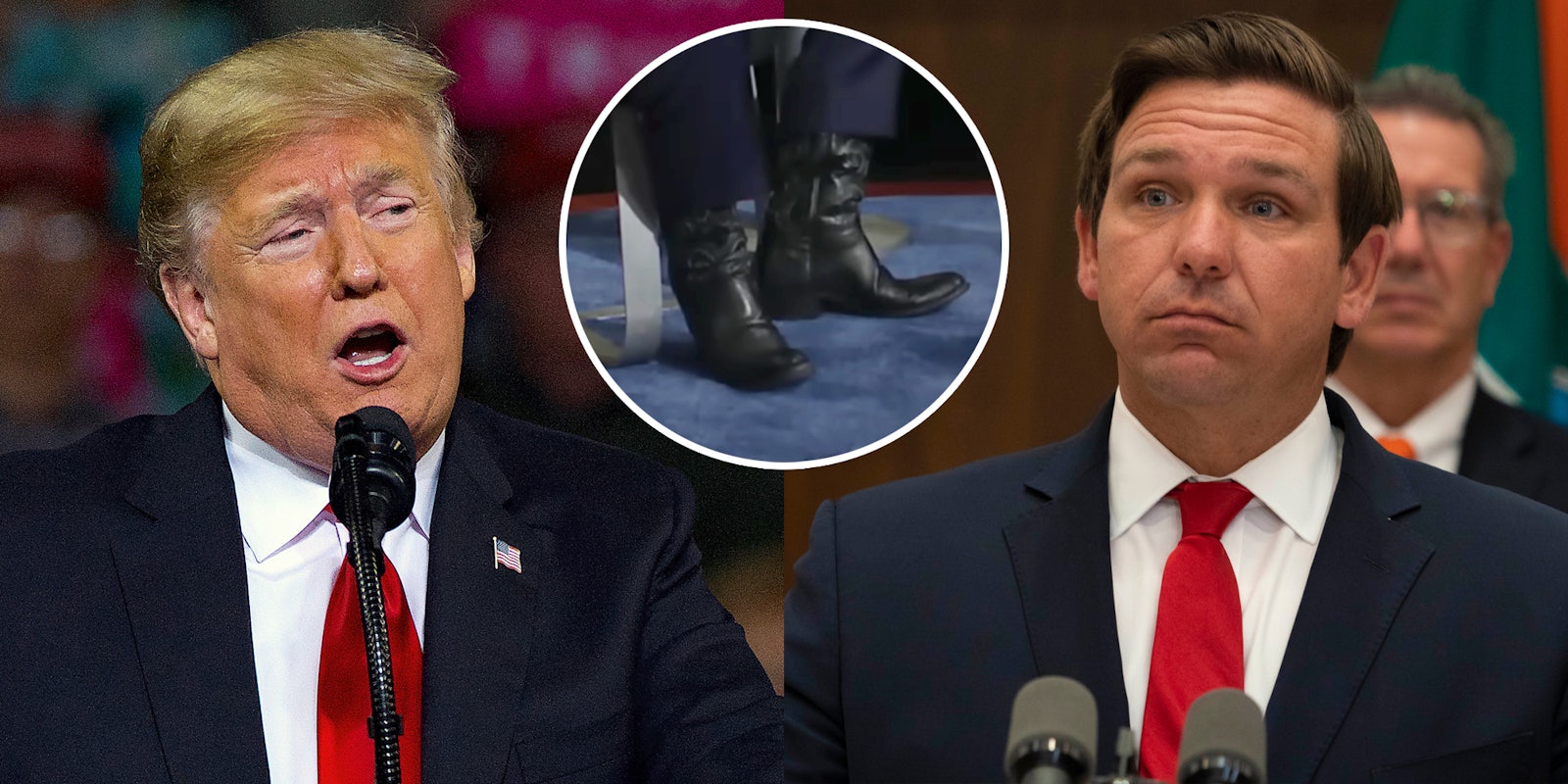 Donald Trump speaking into mic(r), Ron DeSantis looking speechless(l), inset of Ron DeSantis' boots (c)