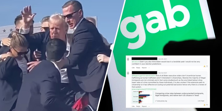 Donald Trump during assassination attempt(l), Gab app and gab tweet(r)