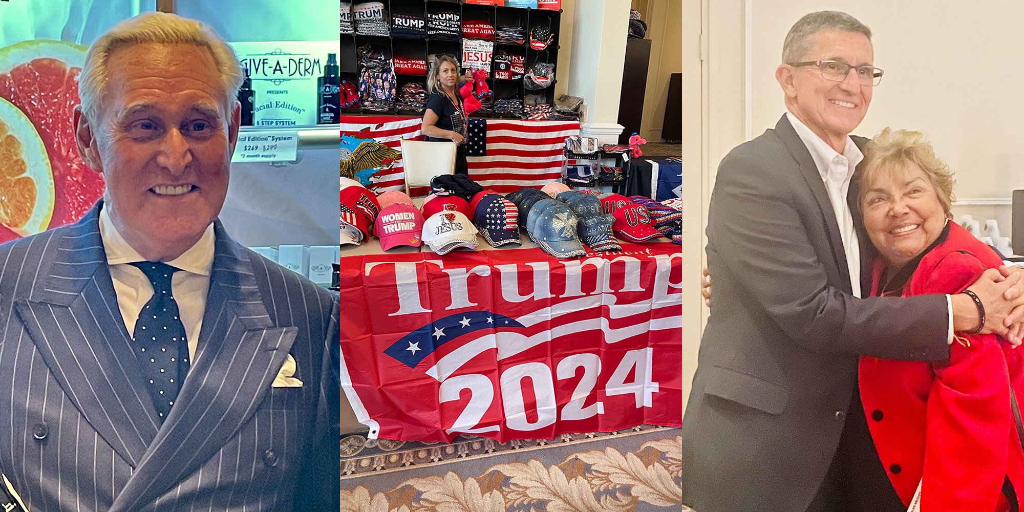 Roger Stone (l) Trump 2024 merch (c) Mike Flynn (r)